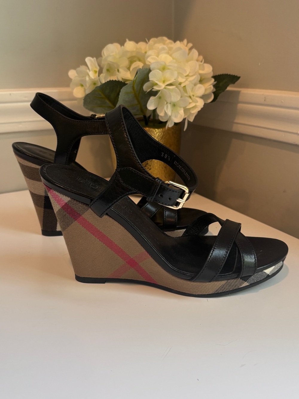 Burberry Black Leather Slingback Wedge Sandals with Signature Check